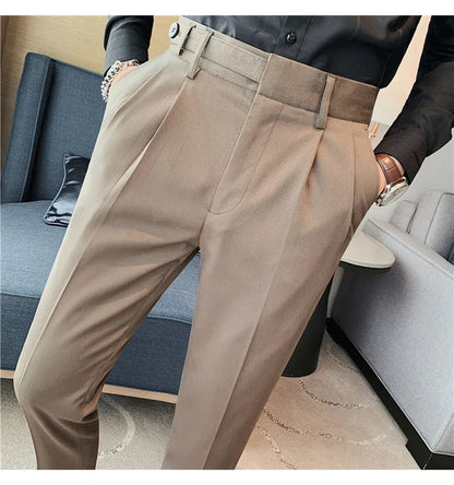 Autumn Winter High Quality Solid Casual Pants Men Belt Design Slim Fit Trousers Formal Office Business Social Party Suit Pants