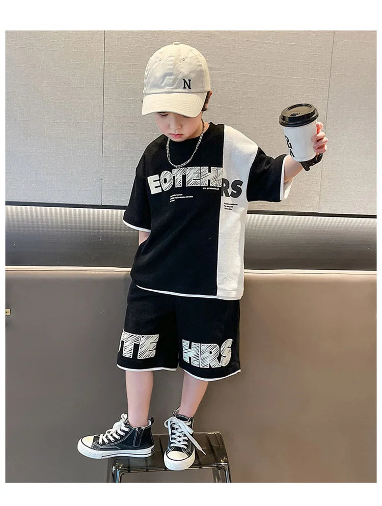 Summer Boys Contrast Patchwork Alphabet Waffle Tee Tops+Shorts Pant School Kids Tracksuit Child 2PCS Outfit Workout Set 5-16 Yr