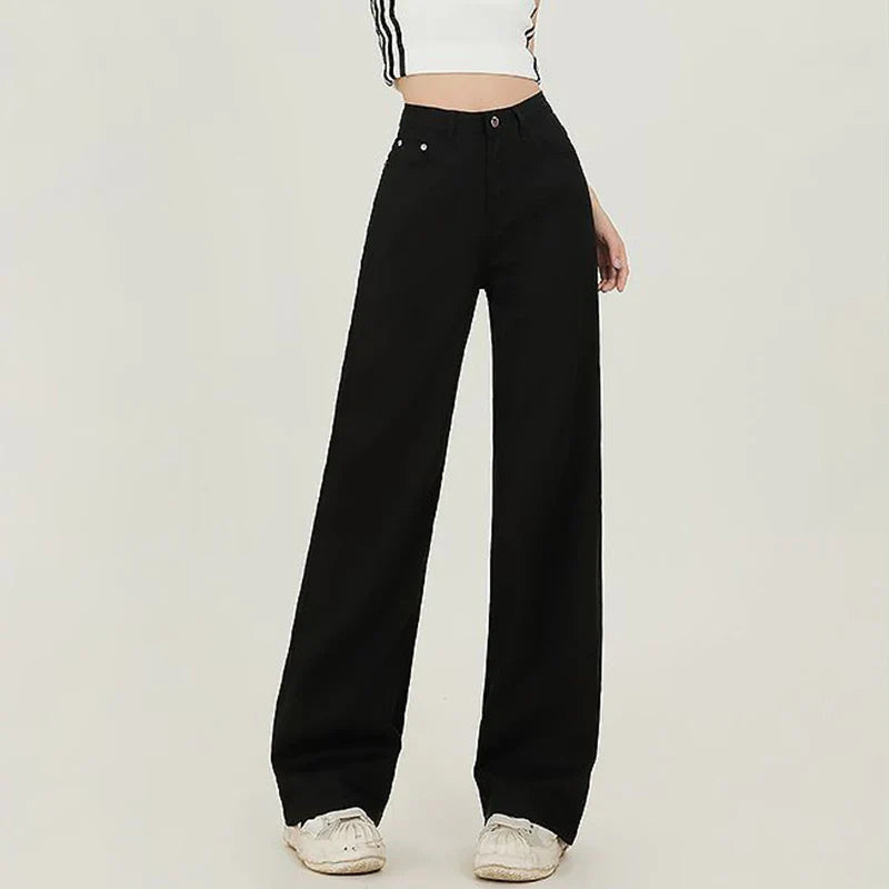 Lady Korean Fashion High Waist Jeans Pants Women Loose Fit Denim Trousers Girls White Casual Straight Leg Pants