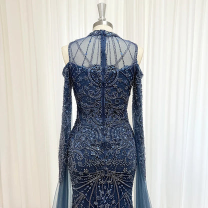 Luxury Beaded Evening Dress Cape Sleeve Dubai Sheer Neck Mermaid Formal Prom Wedding Party Gown Customized 2026