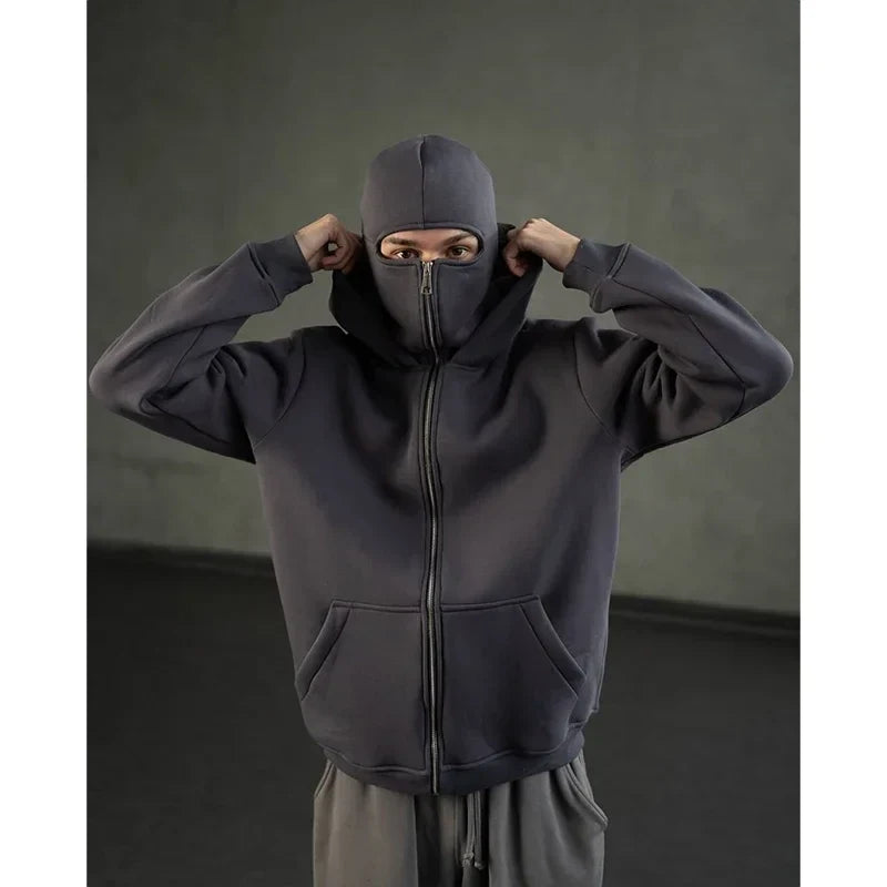 Men's Double Hat Mask Zipper Design Winter Windproof Hoodie Sports Jacket Outdoor Activities Hiking Travel Running Sweatshirt ﻿
