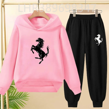 Children's Hoodies Top+Bottom Suit Girls Pink Boy Black Age 3-12 Coat Casual Toddler Long Sleeves Autumn Pegasus Print Clothing