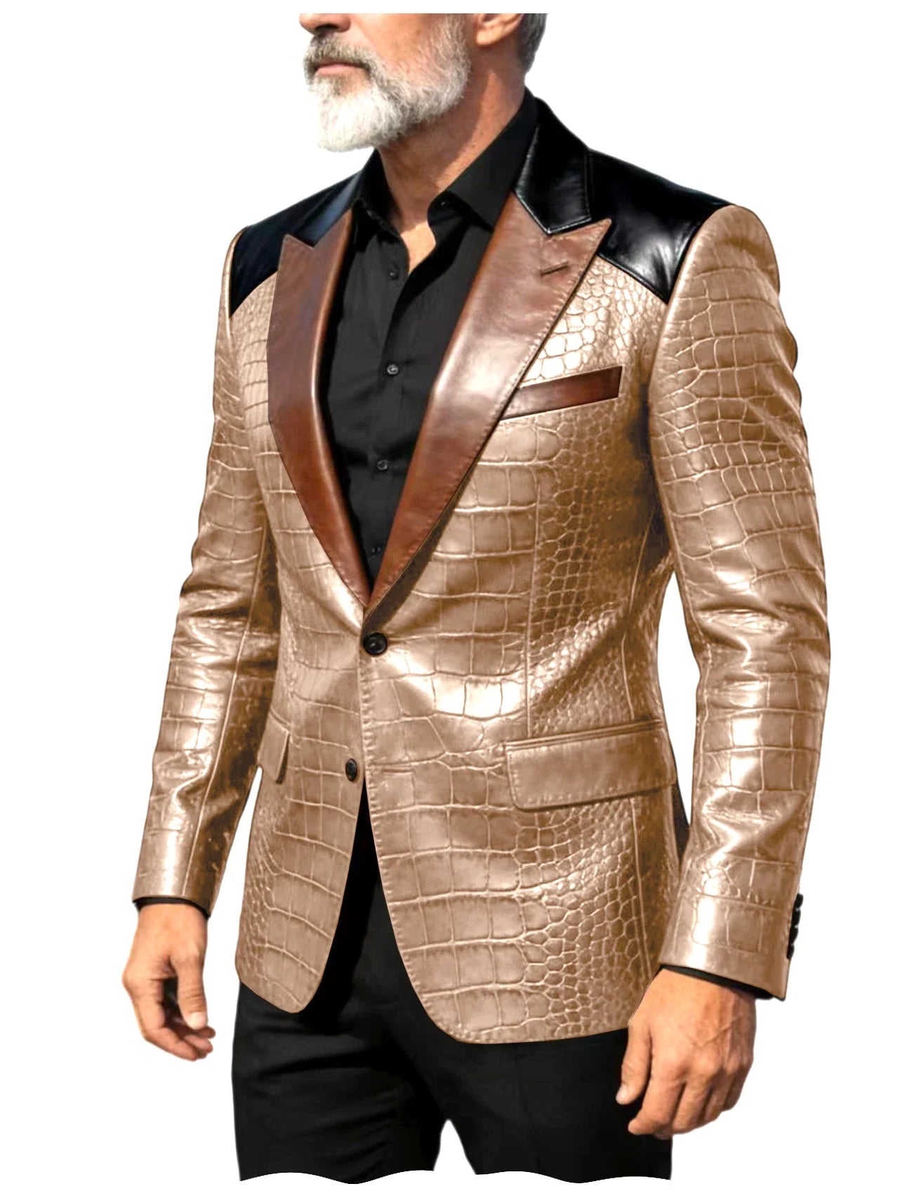Men's Crocodile Embossed Leather Blazer Luxury Patchwork PU Leather Suit Jacket Slim Fit Peaked Lapel Casual Business Outerwear