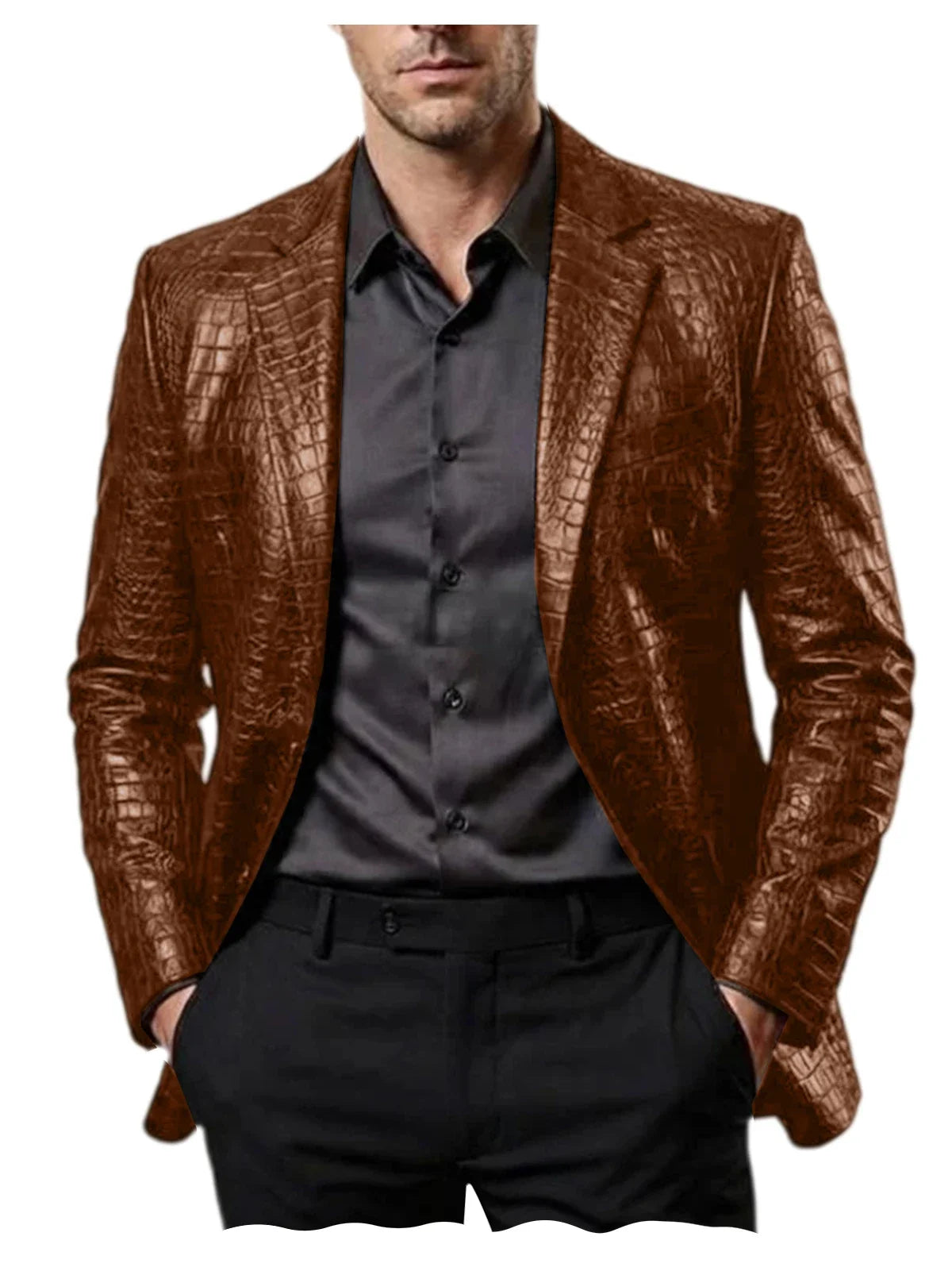 Men Crocodile Texture Leather Blazer Notched Lapel Slim Fit Single Breasted Suit Jacket Nightclub Party Business Outer Coat