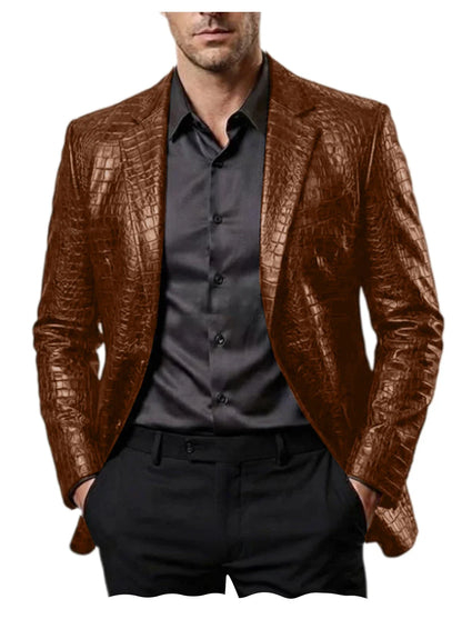 Men Crocodile Texture Leather Blazer Notched Lapel Slim Fit Single Breasted Suit Jacket Nightclub Party Business Outer Coat