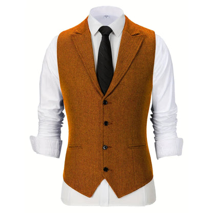 Men Vest Brown Herringbone Single Button With Lapel Waistcoat For Wedding Party Business Work Office Daily Casual Men Suit Vest