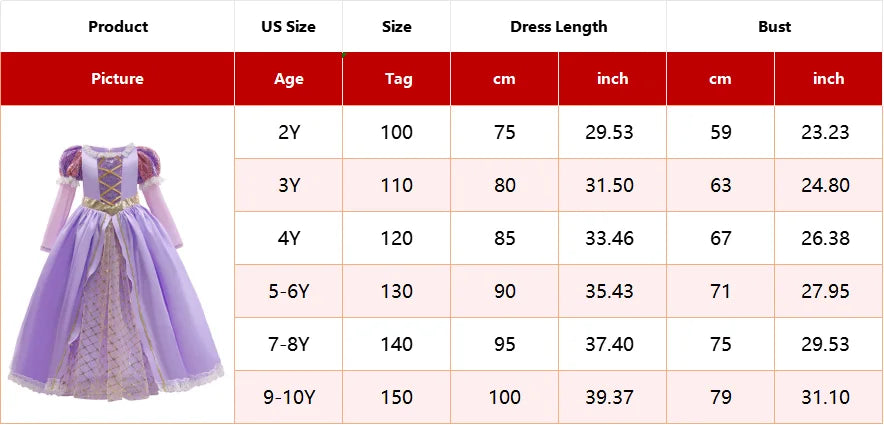 Princess Dress for Girls Tangled Cosplay Costume Kids Halloween Christmas Carnival Birthday Party Fancy Clothes