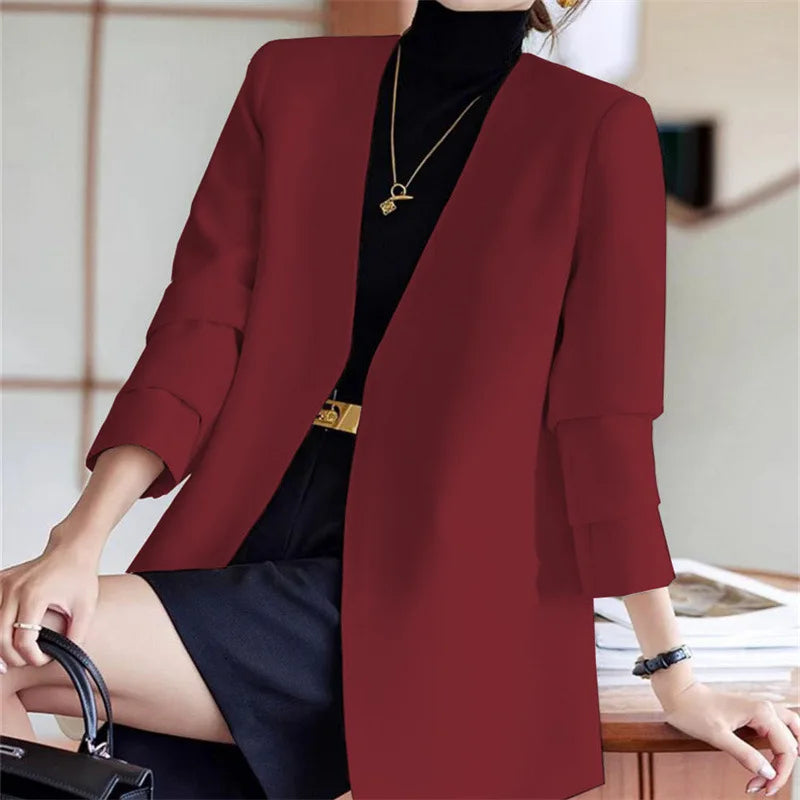 Fashionable Versatile Spring Autumn Women's Blazer Jacket Korean Style Street Style Long Sleeve Suit Coat Pure Color Commute...