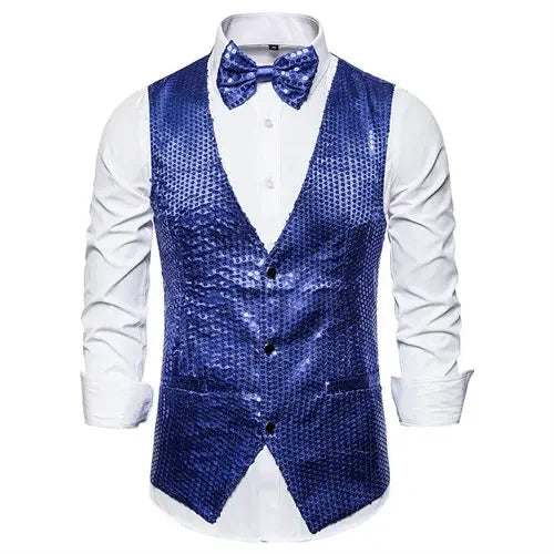 New Gold Sequin Vest Men's Single-breasted V-neck Sleeveless Vests Coat Wedding Party Waistcoat Silver Blue Purple Red Tops
