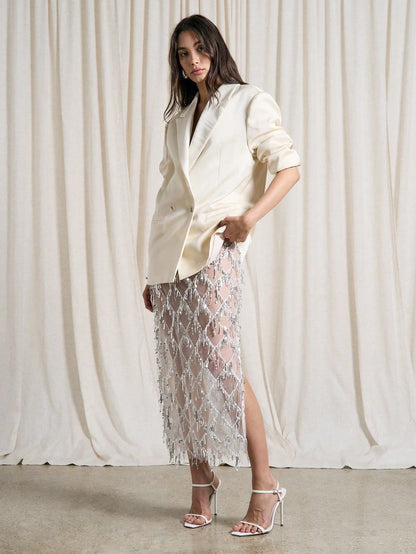 Elegant Club Party Perspective Half Skirt Tassel Sequin Spring Summer Skirt Fashion High Waisted Solid Color Women's Long Skirt