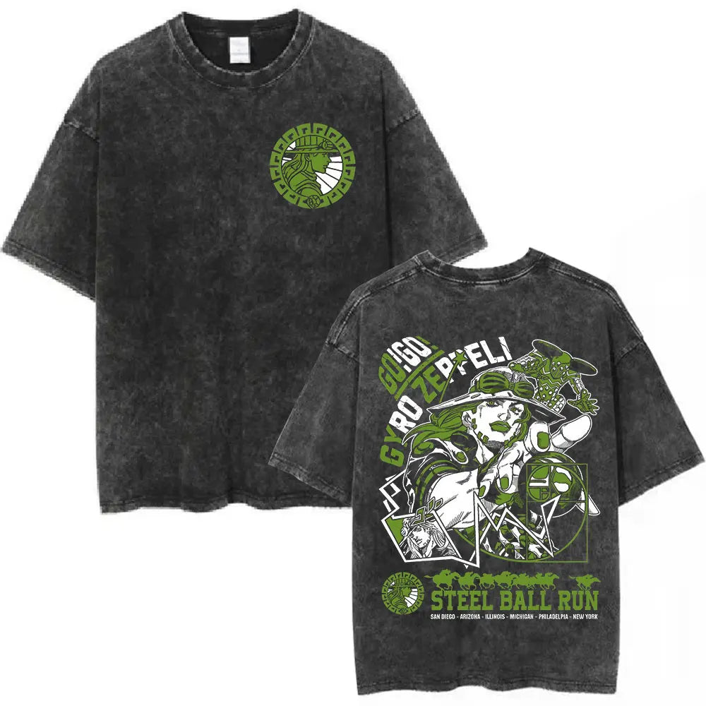 Anime Jojo Bizarre Adventure Washed T-shirt STEEL BALL RUN Diego Brando Manga T-shirts Men Women Cotton Casual Oversized T shirt