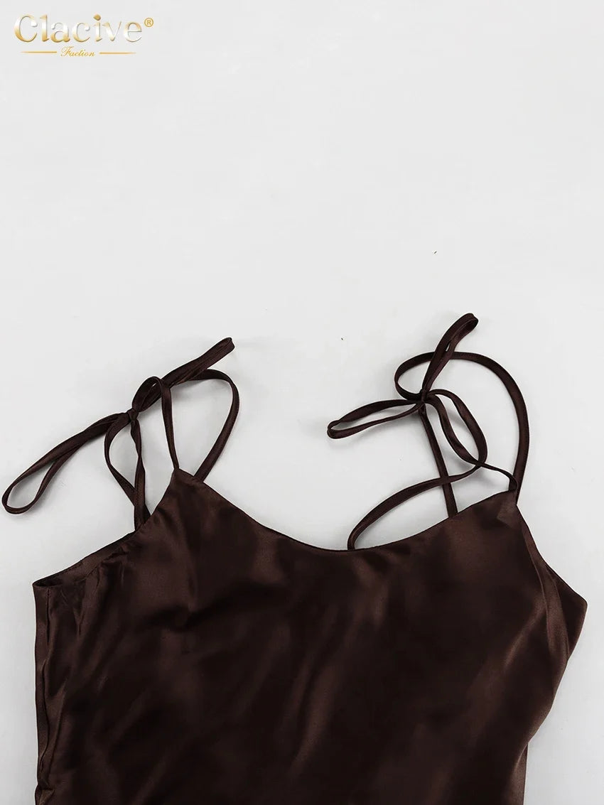 Fashion Loose Brown Satin Womens Dresses 2025 Summer Strap Sleeveless Floor Length Dress Sexy Backless Female Dress