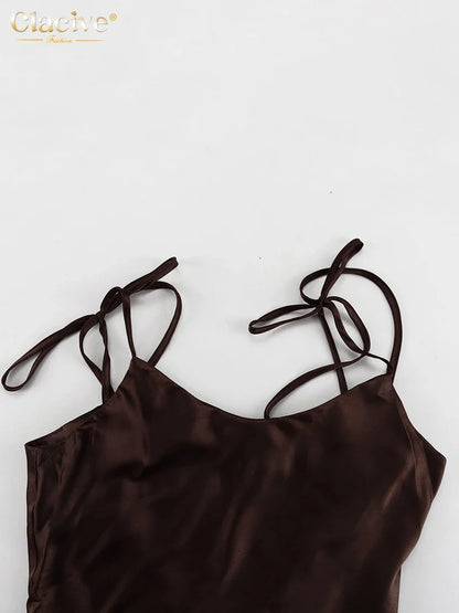 Fashion Loose Brown Satin Womens Dresses 2025 Summer Strap Sleeveless Floor Length Dress Sexy Backless Female Dress
