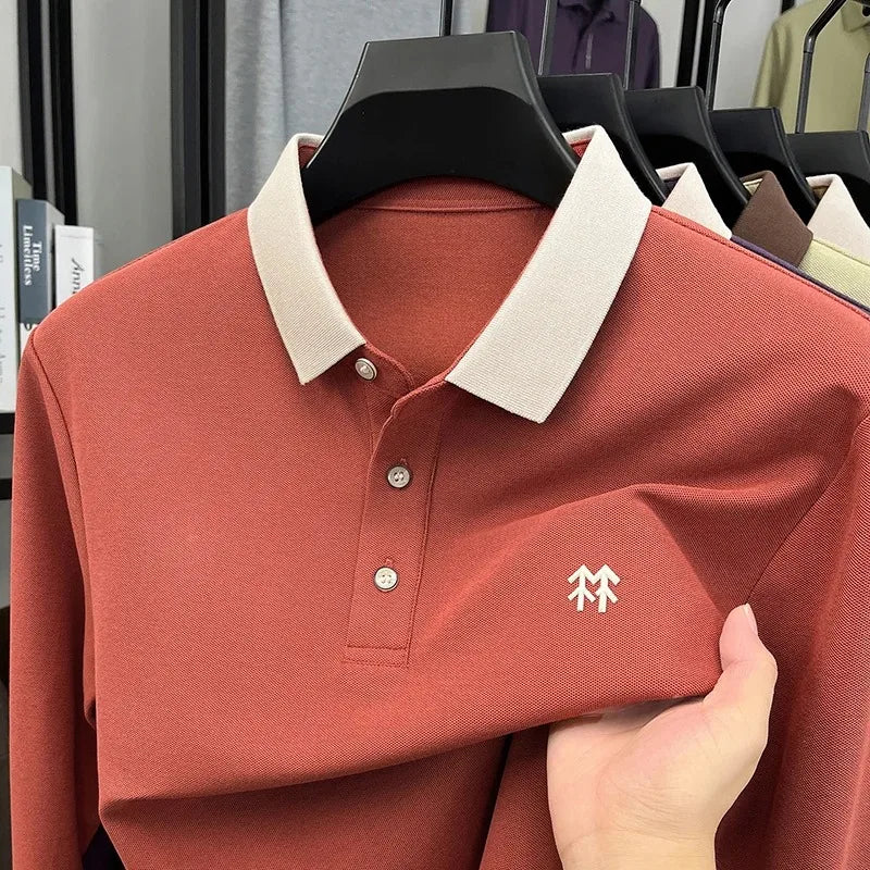 Fashion luxury brand long sleeve polo shirt men's autumn new trend badge embossed design Korean casual silk cotton lapel T-shirt