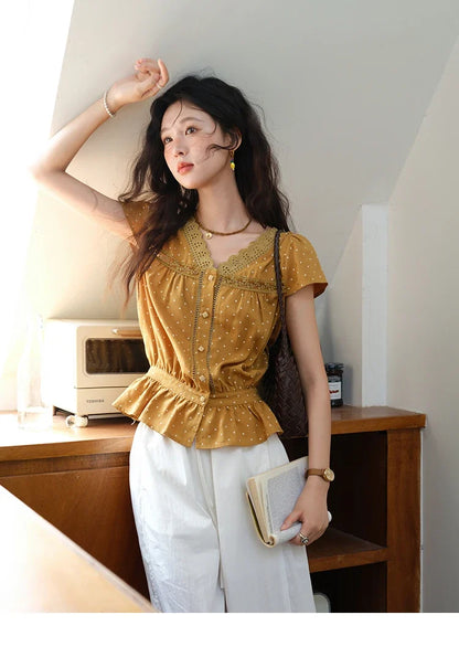 Women's V-neck Lace Splicing Blouse 2025 Summer New Ladies Fashion Polka Dot Hollow Ruffle Button Female Top MXE38X1847