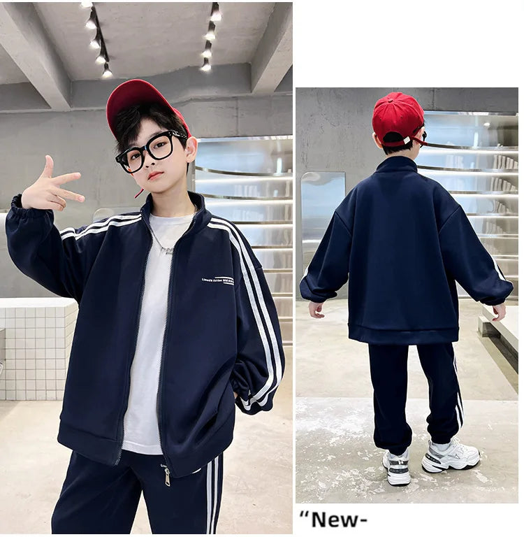 Spring Autumn Boys Navy Striped Zip Sweatshirt Coats+Sweatpant Sets School Kids Tracksuit Children Outfit Jogging Suit 3-14Yrs