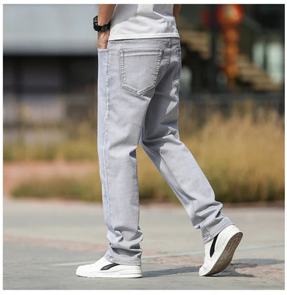 2026 Summer Brand New Men's Straight Loose Thin Jeans Simple Casual Clothing Lightweight Cotton Stretch Light Grey Jeans