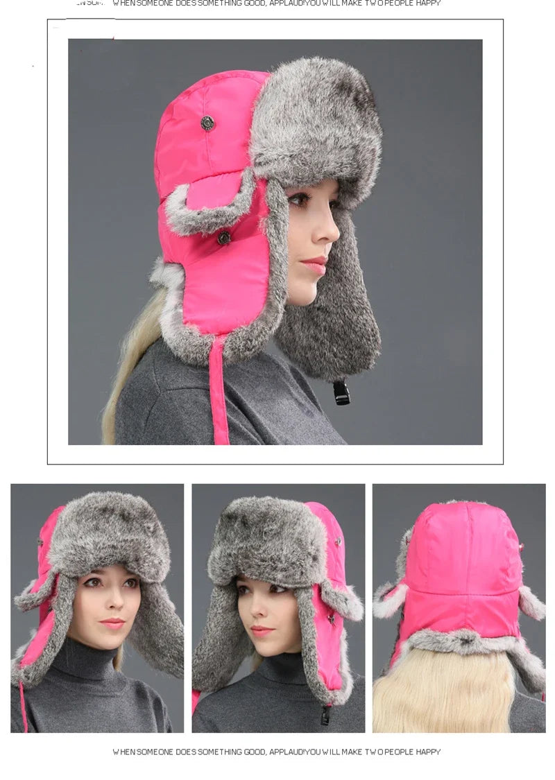 Russia Winter Real fur Hat Unisex Outdoor Windproof Super Warm Real Rabbit Fur Bomber Hats Natural Soft Natural Rabbit Fur Caps