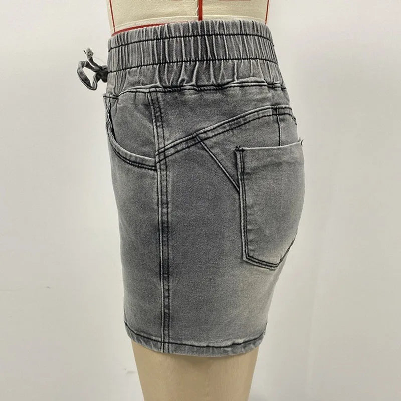Luxury Fashion Slim Spring/summer New Slim Denim Shorts Women's High Waist Elastic Waist Lace-up Hot Pants