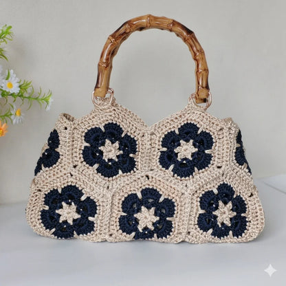 Handmade Crochet Granny Square Tote Bag with Bamboo-Style Handle, Vintage Woven Flower Pattern Shoulder Purse for Women