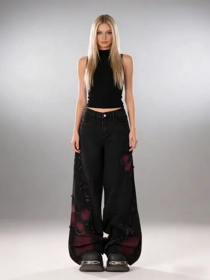 Women's Baggy Butterfly Jeans Vintage 90s Aesthetic Cowboy Pants Harajuku Oversize Denim Trousers Y2k 2000s Black Gothic Clothes