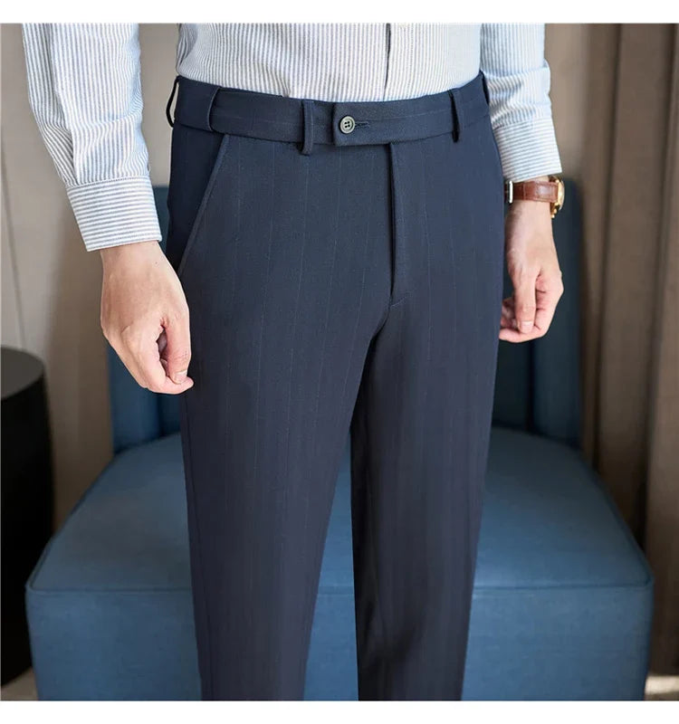 Autumn Winter New Thickened Wool Striped Suit Pants Men's High Qualitys Elastic Waist Slim Fit Business Casual Trousers 38-29