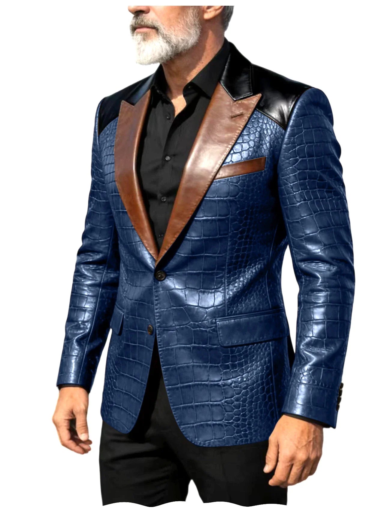 Men's Crocodile Embossed Leather Blazer Luxury Patchwork PU Leather Suit Jacket Slim Fit Peaked Lapel Casual Business Outerwear