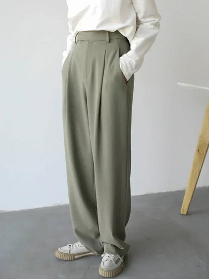 Simple Casual Women Twill Suit Pants Wide Leg Pants Straight Floor Pants Office Ladies Female Trousers