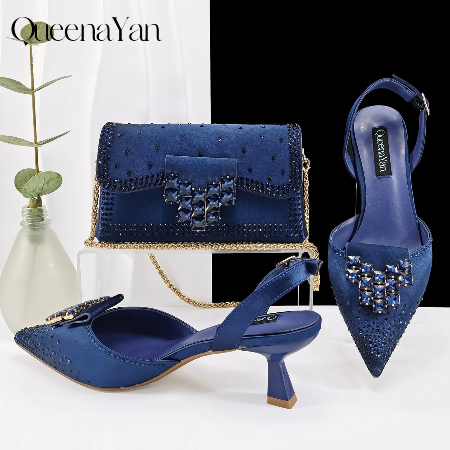 Green Color Rhinestone Comfortable Women's Pumps Heels And Bag Fashion Style Pointed-Toe Shoes For Farty  Occasion