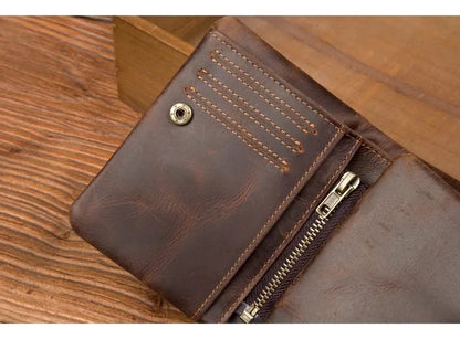 Handmade crazy horse leather wallet retro vertical zipper wallet first layer cowhide simple old wallet man