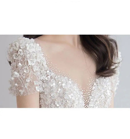 Luxury Short Sleeve Wedding Dress 2026 New Bridal Dress V Neck Beading Shinning Ball Gown Sweep Train Vestido  Noiva Customized