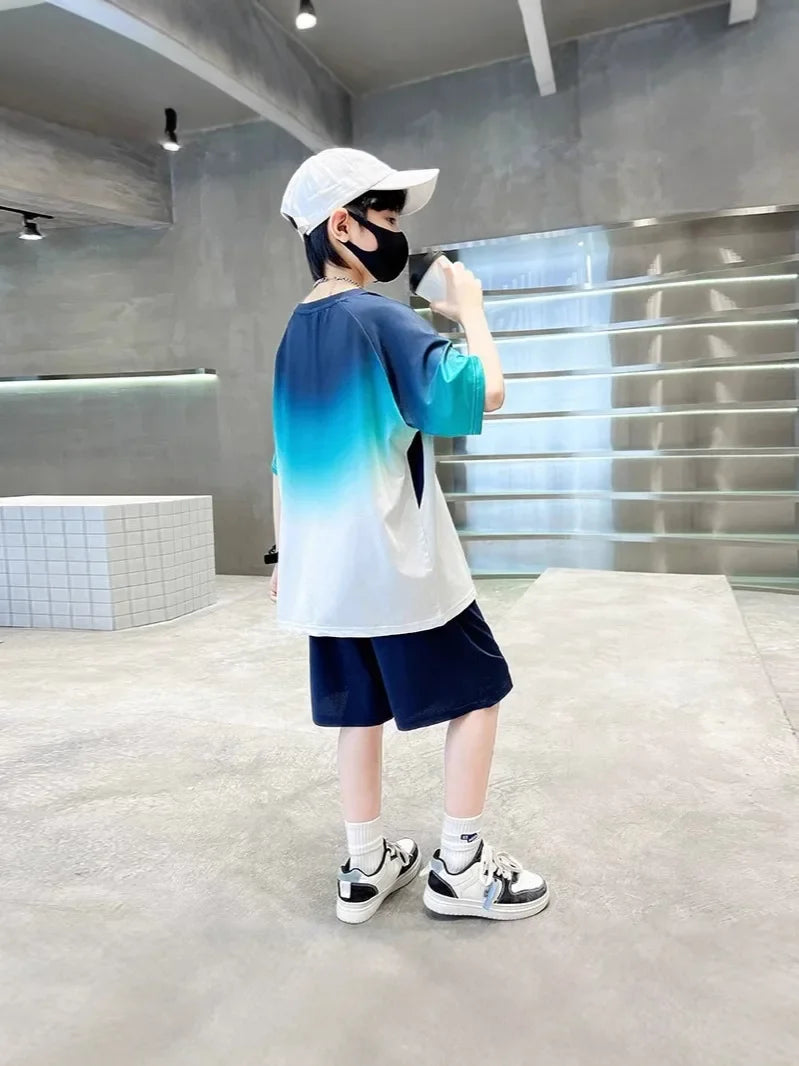 Summer Boys Gradient Quick-dry T-Shirt Top+Shorts Pant Sportswear Set School Kids 2PCS Tracksuit Children Jersey Outfit 5-16 Yr