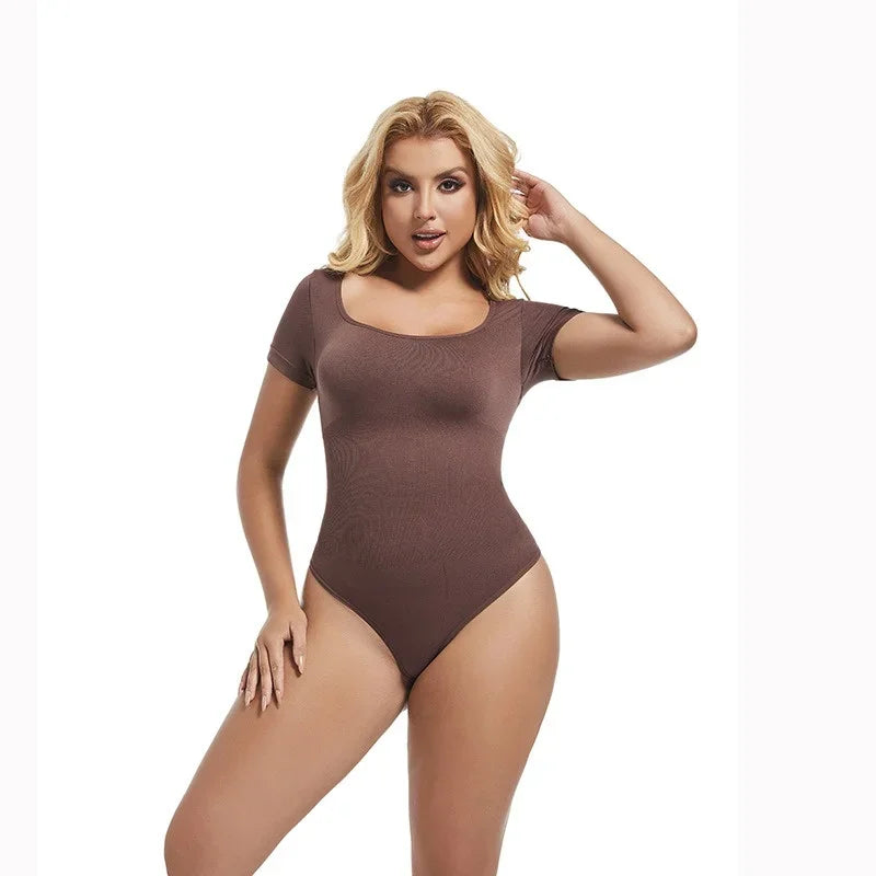 Bodysuits Sexy Ribbed One Piece Square Neck Short Sleeve Bodysuits Tummy Control Open Crotch Bodysuit Shapewear Suit