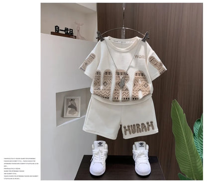 Summer Boys Cotton Leisure Print Alphabet T-Shirt+Shorts Pant Set School Kids 2PCS Tracksuit Children Sportswear Outfit 5-16 Yrs
