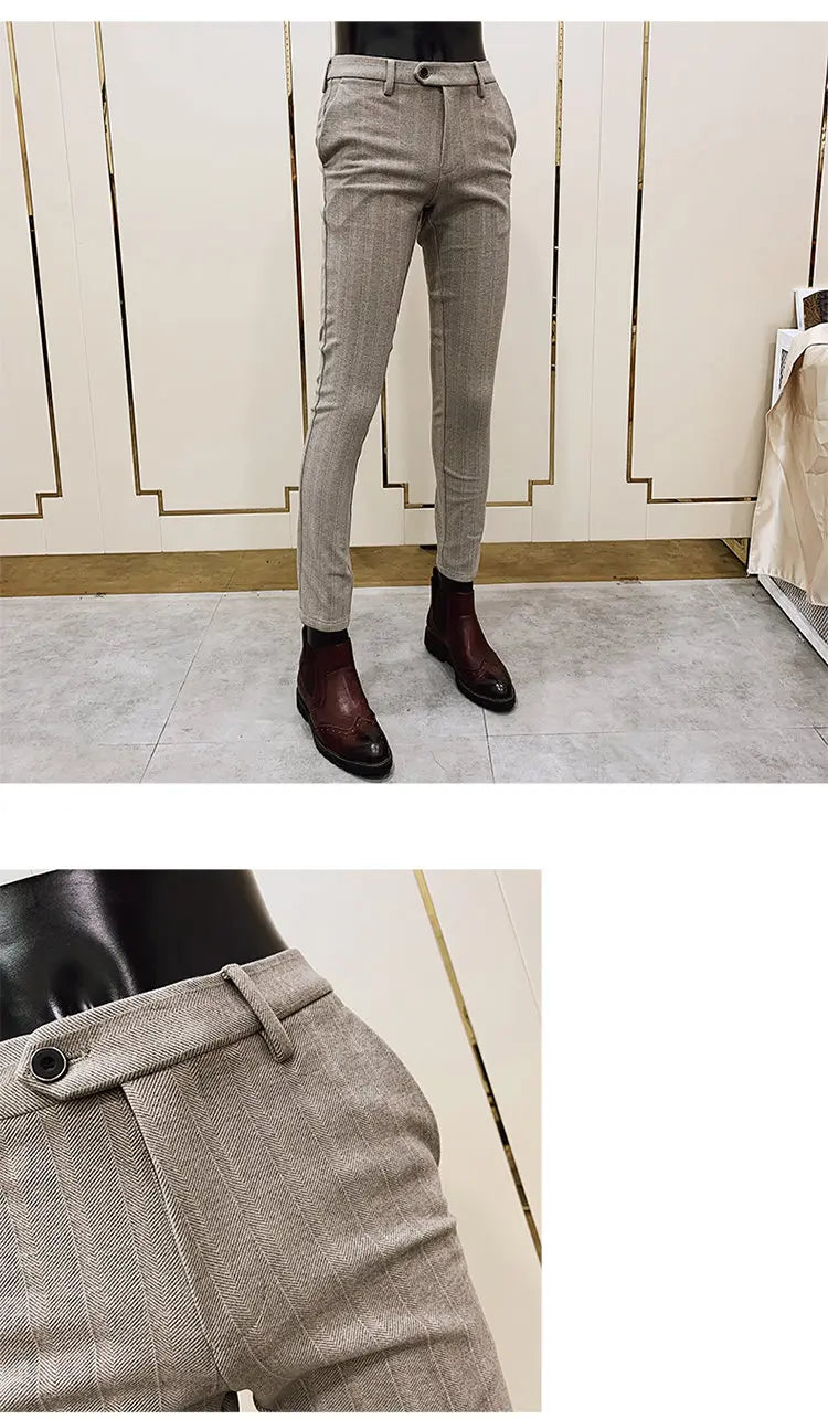 Autumn Winter Striped Woolen Cloth Suit Pants Men Casual Slim Straight Warm Trousers Formal Business Social Office Dress Pants