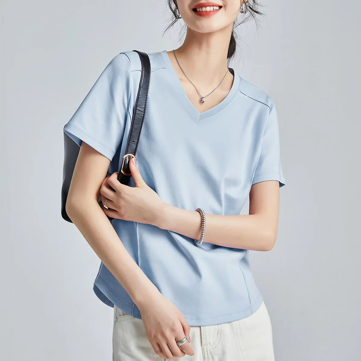 Summer Women's White Mercerized Cotton T-Shirt | 3D Stitching Round Neck Basic Top | Plus Size Slim Fit Layered Casual Blouse