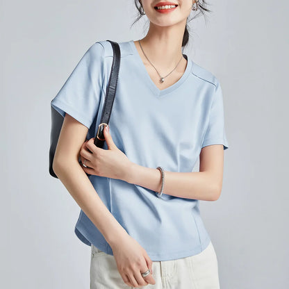 Summer Women's White Mercerized Cotton T-Shirt | 3D Stitching Round Neck Basic Top | Plus Size Slim Fit Layered Casual Blouse