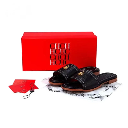 Fashion Monogram Print Elegant Design Women's Low Heeled Slippers Solid Color High Quality Metal Lock Simple Single Shoes