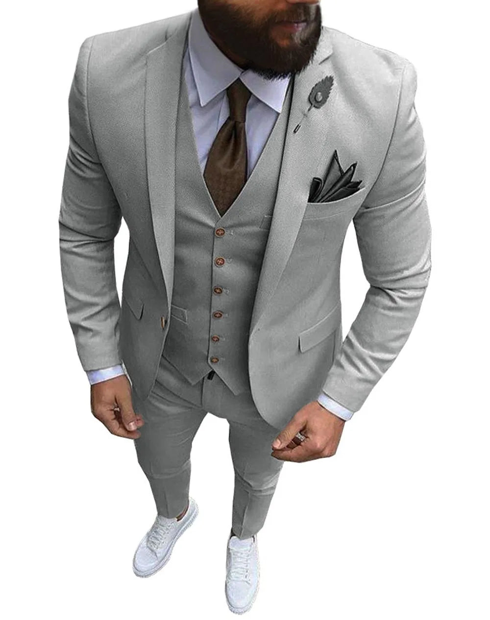 Khaki Men's Suits  Formal Business Notch Lapel Slim Fit Tuxedo Best Man Blazer For Wedding(Blazer+Vest+Pants)