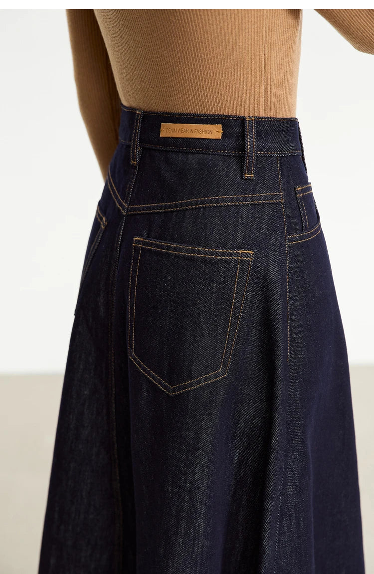 Minimalist Women Denim Skirt 2025 Autumn New French Retro Loose Basics Casual A-line Office Lady Cotton Midi Skirt 12343070