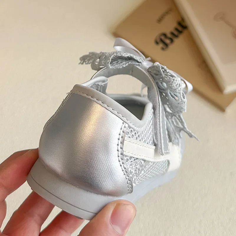 Kids'Casual Shoes Sneakers Mesh Bow Spring Summer Shoes For Girls Anti-slip Breathable Soft Bottom White Silver Shoes Size 23-36