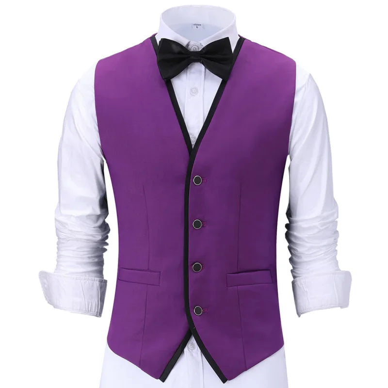 Men Vest Purple With Black Side Single Button Waistcoat For Wedding Banquet Birthday Business Casual Work Set Men Suit Vest
