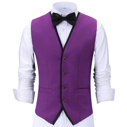 Men Vest Purple With Black Side Single Button Waistcoat For Wedding Banquet Birthday Business Casual Work Set Men Suit Vest