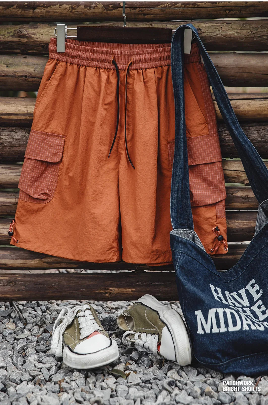 Summer Men Straight Shorts Orange Patchwork Gingham Loose Beach Pants Plus Size Shorts Elastic Waist Light Breathable