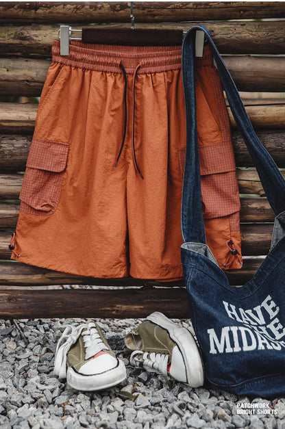 Summer Men Straight Shorts Orange Patchwork Gingham Loose Beach Pants Plus Size Shorts Elastic Waist Light Breathable