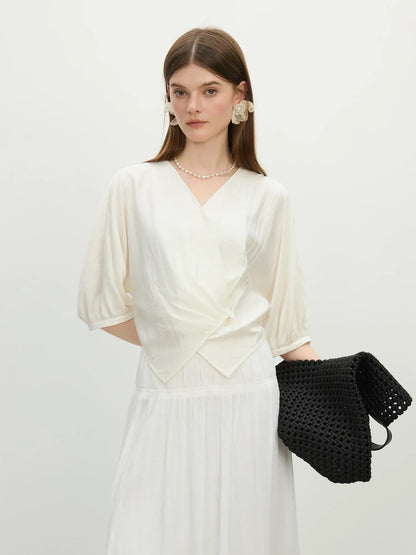 V-Neck Relaxed Casual Design Women's Short Sleeve Linen Shirt - 2025 Summer New Arrival Shirts For Women 25FS12418