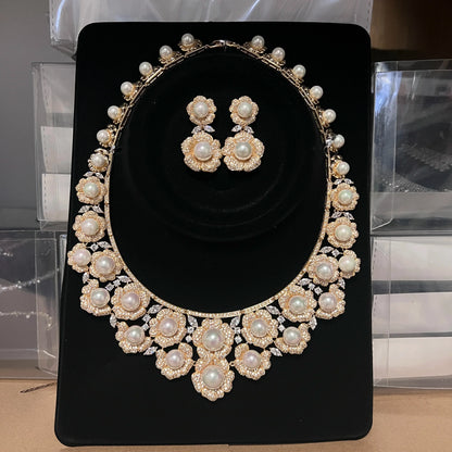 High Quality Zircon Pearls Jewelry sets Luxury Designer Flower Necklace Women Sparkling Dubai Bridal Party Costume Accessories