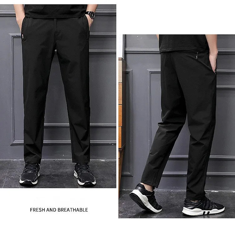 Men's Summer Cargo Pants Big Size Ice Silk Stretch Breathable Straight Leg Pants Quick Dry Elastic Lightweight Long Trousers