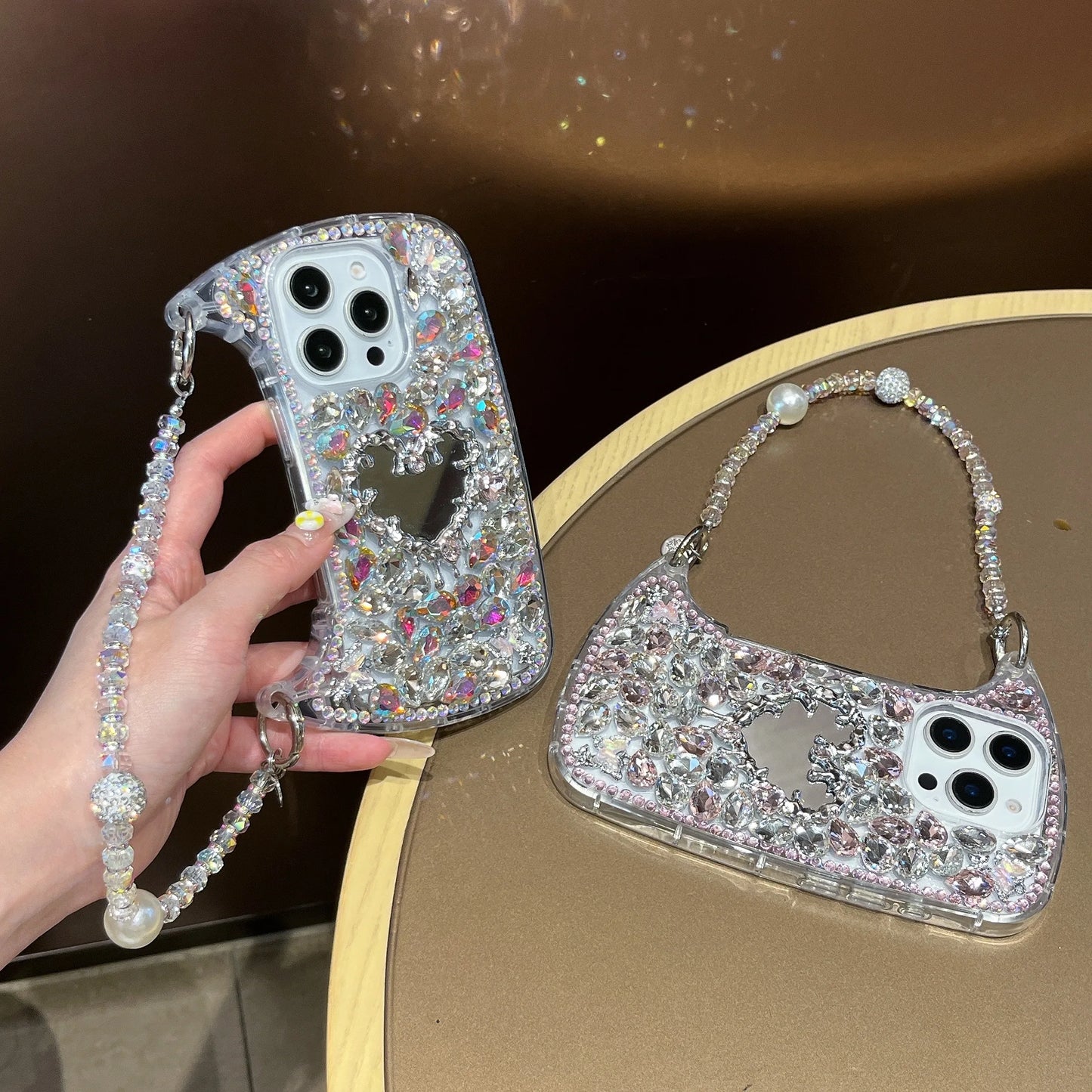 Luxury Bling Rhinestone Hand Bag with Mirror For iphone 17 pro max case 11 12 13 14 15 16 Pro Max Plus Phone Cases For 16 Pro