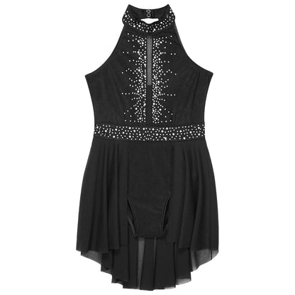 Kids Girls Gymnastics Figure Skating Ballet Lyrical Dance Costume Dress Side Split Sheer Mesh Ruched Glittery Rhinestones Dress